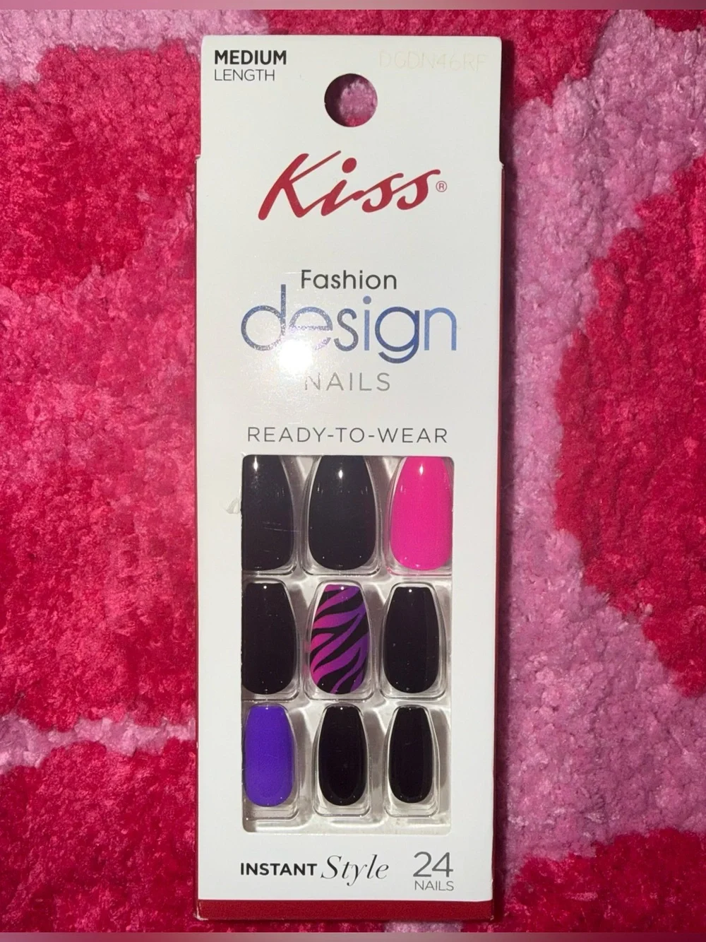 New KISS Fashion Design Press-On Nails Pink Purple Zebra 24pc Medium Length